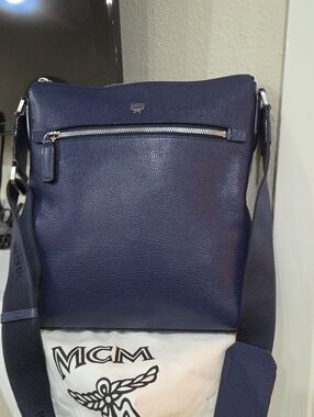 MCM Navy Pebbled Leather Messenger Bag with Silver-Tone Zip